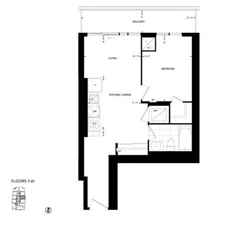 Floor plan for 1 bed, 1 bath, 571 sqft